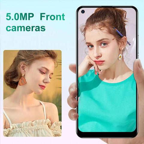 5.0MP front camera on unlocked 3G Android smartphone showcasing a young woman with earrings, crisp display, and turquoise shirt.