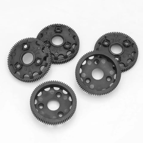 5-pack of 48P 76T spur gear transmission gear set for 1/10 Slash, Rustler, Stampede, Bandit RC cars, made from beefed-up nylon.
