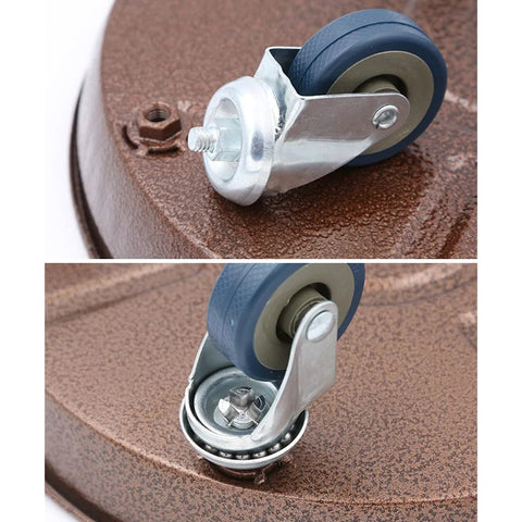Close-up of blue wheels on 20 Inch Round Plant Stand With Lockable Wheels Heavy Duty 480 Lb Capacity Rolling Plant Caddy