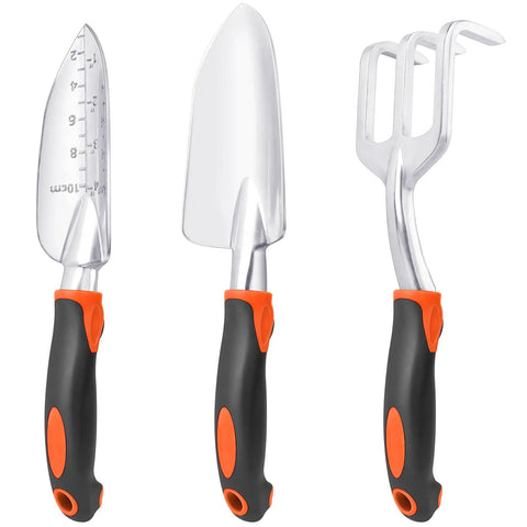 Heavy Duty Garden Tools Set 3 Piece With Ergonomic Handles Shovel Transplant Trowel And Hand Rake Aluminum Alloy Orange For Planting