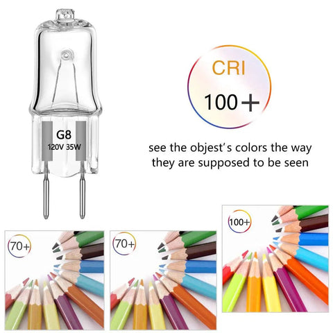 35W Halogen G8 Bi Pin Under Cabinet Puck Lights with CRI 100+ for true color rendering, 120V visible in the image
