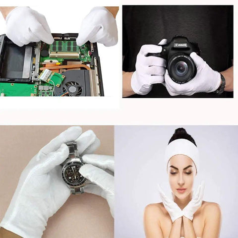12 Pairs Soft Cotton Gloves With Stretchable White Lining For All Day Cozy Comfort One Size Fits Most Washable And Ultra Soft Moisturizing Gloves, used for electronics, photography, watch handling, and skincare.