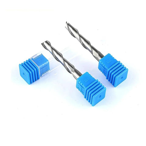 Top Shelf Precision 2 Flute Flat Nose Upcut Carbide Router Bit For Wood Mdf Pvc Cnc Milling Projects Featuring Rugged Blue Coating and Swift Chip Clearance, set of two bits, with protective covers.