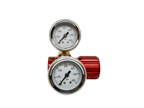 Red Anodized Aluminum Argon Regulator With 0 To 400 PSI Range High Flow 45 CFM Lightweight One Quarter Inch FNPT Outlet Dual Chrome Gauges
