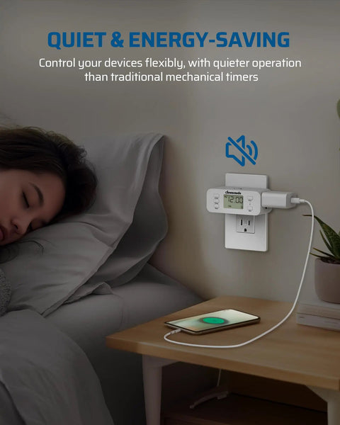 Indoor Programmable Digital Timer Outlet With Dual American Sockets sets daily routines near a sleeping person and charging phone.
