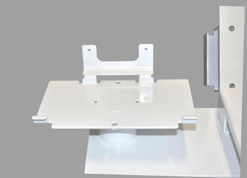 White adjustable laptop stand plate for Top Shelf Mobile Rolling Desk Workstation featuring smooth riding wheels.