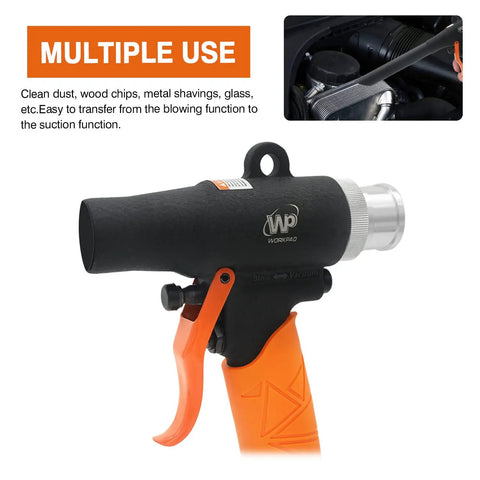 Close-up of Dual Function Air Vacuum And Blow Gun For Dust Cleanup with pro-grade nozzle and trigger, showcasing multiple uses.