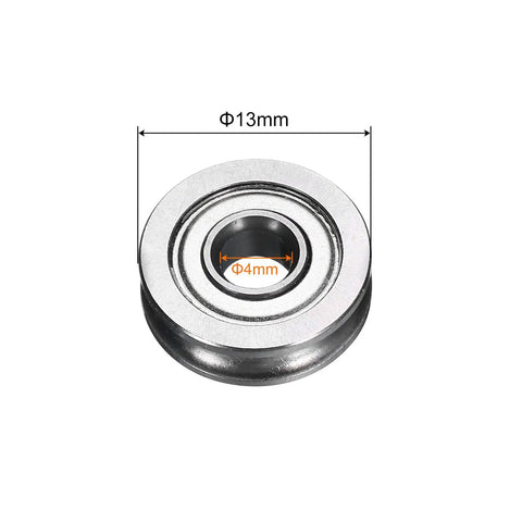 Eight Piece U Groove Ball Bearings 4x13x4mm Chrome Steel Roller Wheels Double Shielded ABEC3 shown front view with measurements.