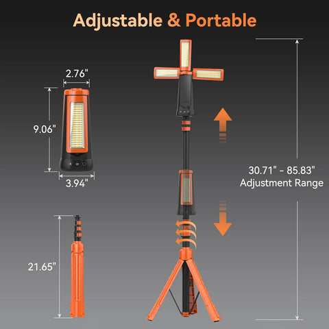Rechargeable Camping Light With Stand Seven-Foot Max Height, 15000mAh Beast Portable Cordless LED Work Light, 5500 Lumen Dimmable Emergency Flashlight With Detachable Tripod, Color Temperature 6500K/4500K/3500K, Orange, dimensions and adjustable features shown