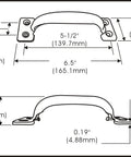 Technical diagram showing dimensions of Door Pull Six And A Half Inch Steel Black Coated Surface Mount Two Pack With Mounting Hardware.
