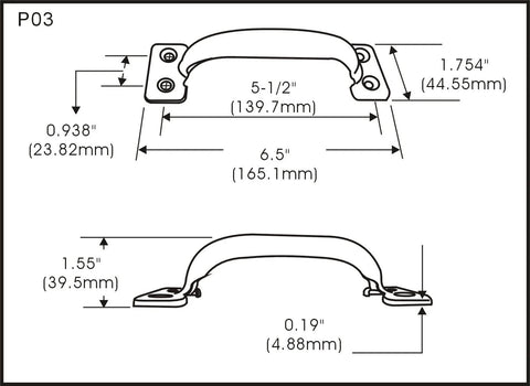 Technical diagram showing dimensions of Door Pull Six And A Half Inch Steel Black Coated Surface Mount Two Pack With Mounting Hardware.