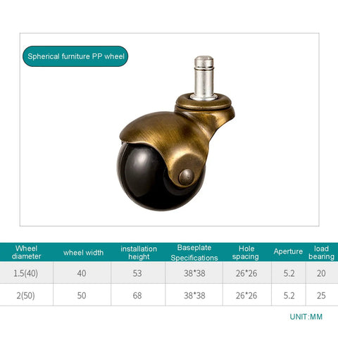 Solid Brass Ball Caster Wheels With Tight Locking Brake Four Pack showing a 1.5 inch wheel diameter and black treads for rolling carts.
