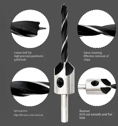 Seven Piece Heavy Duty Countersink Drill Bit Set Rock Solid High Speed Steel with center drill tip for precise holes.