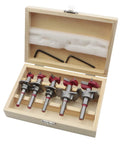 Pro Level 5 Piece Forstner Drill Bit Set Covering 15 To 35mm in wooden box with red and silver high carbon steel bits.