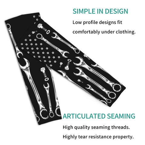 American Flag Stretch Arm Sleeves With Soft Fit Material For Ace Sun Protection UV Blocking Stay Cool And Look Fly Perfect For Road Workouts And Weekend Rides with wrench design.