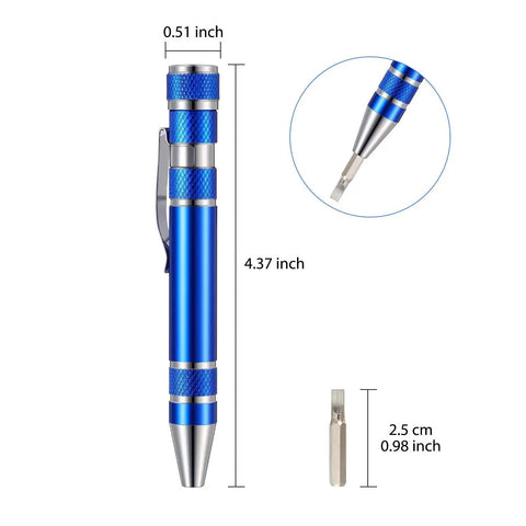 Blue aluminum Pen Shaped 8 In 1 Magnetic Pocket Screwdriver Set showing size details, a solid dad gift idea for Fathers Day.