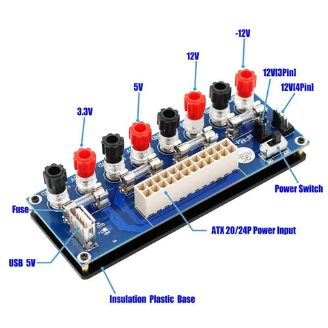 ATX Benchtop Power Breakout Adapter with USB 5V Port showing labeled output channels and components