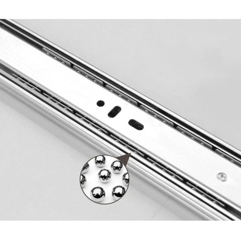Beefy Heavy Duty Steel Drawer Slides With Buffer Closure And Smooth Load Bearing, Three Section Guide Rail, Silent Double Row Ball Bearings, Sturdy Silver Drawer Track For Kitchen Cabinets And Dresser Drawers close-up of steel ball bearings