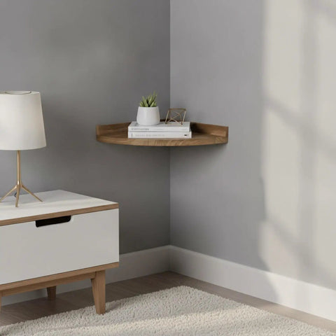 Rock Solid Wood Triangular Corner Shelf Bracket For Wall Mount Storage In Bathroom And Living Room Warp Resistant Easy Install Space Saving Corner Organizer 15.4 By 11 By 2 Inches installed in a corner with decor items on top