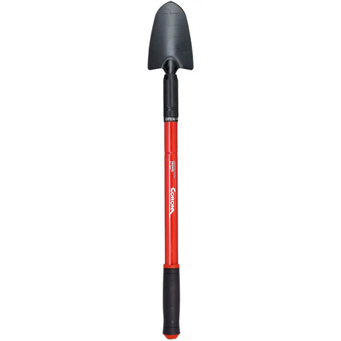 Extendable Garden Trowel With Adjustable Telescoping Handle For Raised Beds, 18 To 32 Inch Reach, black steel blade and red shaft