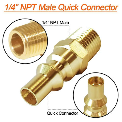 Solid Brass Propane Gas Fitting Kit With One Quarter Inch NPT Male Pipe Thread One Quarter Inch NPT Male Quick Connect Plug And One Quarter Inch NPT Female Coupler For QCC1 Type 1 And POL Adapters, showing NPT male quick connector.