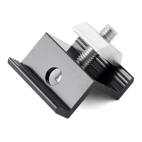 Heavy-duty aluminum clamp from Beefy 4 Panel Side By Side Roof Mount Kit for Shingle or Metal Roof, black finish, DIY solar installation.
