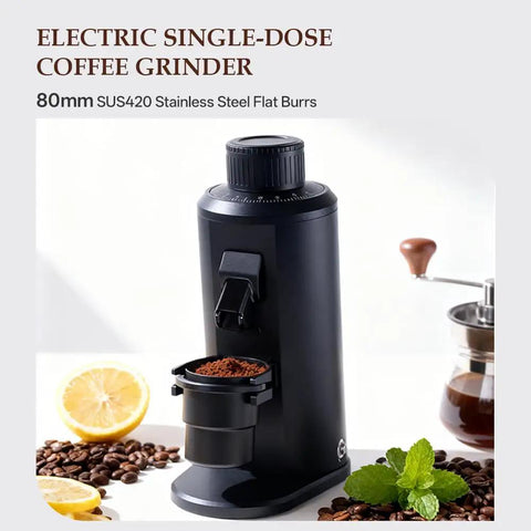 Badass Single Dose Electric Coffee Grinder Featuring Rock Solid 80 Millimeter Flat Burrs And Tweakable Stepless Adjustment For Hella Smooth Flavor Extraction And Minimal Static Residue Always Ready To Serve Black with ground coffee and coffee beans.
