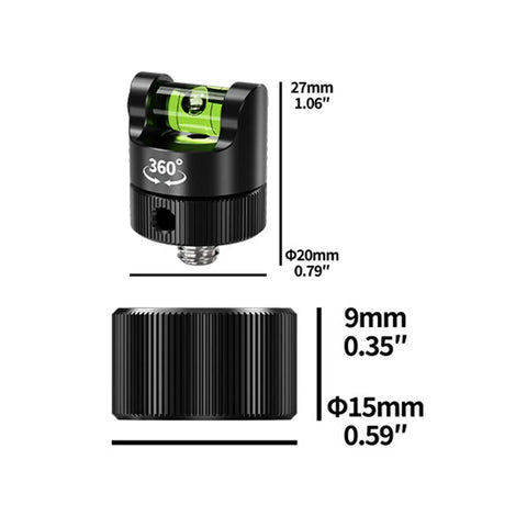 Bubble Spirit Level, Quick Horizon Leveling Tool for Camera Rigs, compact size, black metal design with bubble gauge.