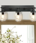 Industrial Mason Jar Vanity Light Wall Sconce In Black Finish, Three Light Bathroom Fixture with Glass Jar Shades