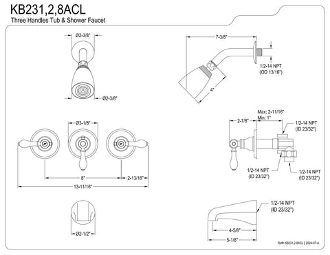 American Classic Triple-Handle Tub And Shower Faucet In Brushed Nickel Durable Solid Brass Construction technical diagram