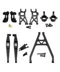 Tough As Nails Aluminum RC Car Spare Parts Bundle Featuring C Hub Carrier Rear Lower Arms Front Swing Links And Steering Cups. High-strength black aluminum components.