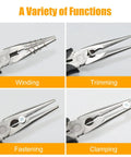 Long Nose Pliers Set 6 Inch And 8 Inch With Wire Cutter showing functions: winding, trimming, fastening, clamping