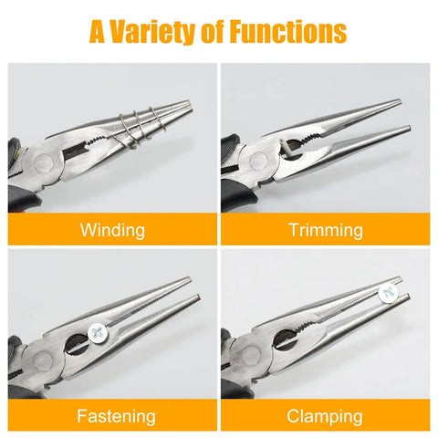 Long Nose Pliers Set 6 Inch And 8 Inch With Wire Cutter showing functions: winding, trimming, fastening, clamping