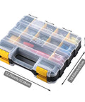 Double Sided Tool Organizer Box With 34 Compartments And Removable Dividers Clear Lid A Handy Pick For Nuts Bolts Screws Nails Durable Plastic Storage That Keeps Tiny Parts In Check 2 Pack with yellow latches and dimensions labeled