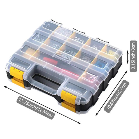 Double Sided Tool Organizer Box With 34 Compartments And Removable Dividers Clear Lid A Handy Pick For Nuts Bolts Screws Nails Durable Plastic Storage That Keeps Tiny Parts In Check 2 Pack with yellow latches and dimensions labeled