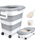 Collapsible Airtight Rice Storage Container With Cup And Scoop, Versatile 10-40 Lb Capacity, shown with wheels, scoop, and measuring cup