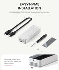 Rad Speed 80Gbps NVMe SSD Enclosure With Direct Hook Up USB4 V2 Connector and tools for easy NVMe installation on a desk.