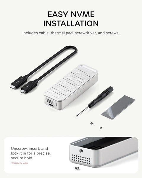 Rad Speed 80Gbps NVMe SSD Enclosure With Direct Hook Up USB4 V2 Connector and tools for easy NVMe installation on a desk.