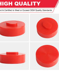 4 Pack Red Polyurethane Jack Pad Support Points For Porsche 911 924S 944, heavy duty, 65mm diameter, side and top views.