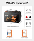 Rock Hard 12 Volt 100 Amp Hour Lithium Iron Phosphate Battery For Marine And Trolling Motors With Blazing Fast Smartphone App Monitoring Built Tough Deep Cycle Power Supply Twin Pack Duo components including battery and manuals.