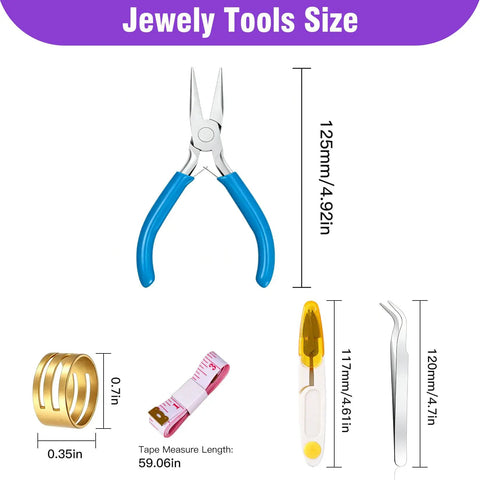 Needle Nose Pliers For Jewelry Making 4.5 Inch Precision Tool With Built In Tweezer And Tape Measure, tool size details shown