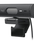 Straight Up 1080P Webcam With Smart Auto Lighting Show Mode Built In Noise Cancelling Mics Privacy Shutter Goes Hard On Zoom Teams And Google Meets For Crisp Streaming Experience Matte Black showing side view with mounted clip.