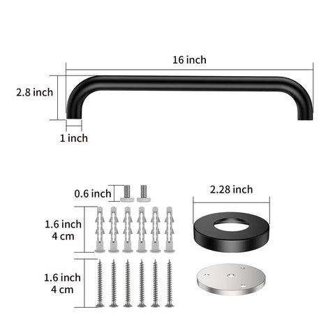 2 Pack 16 Inch Matte Black Shower Grab Bar Stainless Steel Wall Mount Safety Hand Rail For Handicap And Elderly Support