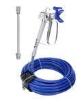 Slick Pro Series Airless Paint Spray Gun Kit Bundled With A Beefy 50 Foot X 1/4 Inch High Pressure Fiber Hose Plus An Easy Grip 11 Point 8 Inch Extension Pole And Sharp 517 Tip Straight Up Nailed It For Smoother Wall Paint Runs with blue hose and spray gun.