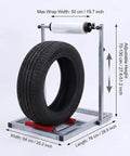 Heavy Duty Film Wrap Roll Dispenser For Tires And Trucks Adjustable Manual Stretch Wrapping Stand, with tire, dimensions shown.