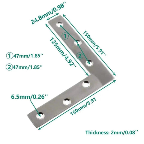 Rock Solid L Bracket Corner Brace 100 Pcs Nickel Plated Steel Mending Plates For Furniture Repair And Shelf Support close-up with dimensions.