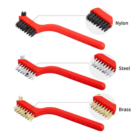 Eight-Piece Wire Brush Set With Heavy-Duty Scrapers And Brass, Nylon, And Stainless Steel Bristles For Rust, Paint, Slag, And Dust Cleanup