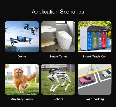 Image showing six application scenarios for Compact LiDAR Ranging Sensor With 8m Range Low Power Draw Plug And Play Easy To Integrate Mini Laser Module Using TOF Tech Packed With Adaptive Algorithms For Reliable Performance In Real World Environments, including drones, smart toilets, smart trash cans, auxiliary focus, robots, and road parking.