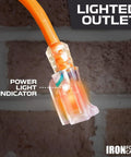 Close-up of Heavy Duty Lighted Outdoor Extension Cord 50 Ft, 10 Gauge 3 Prong SJTW Weatherproof Power Cable with lighted outlet