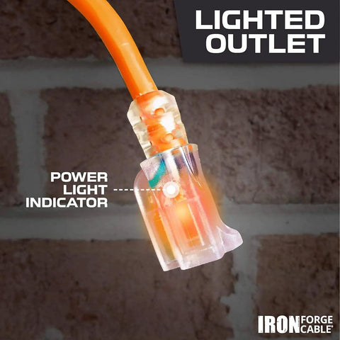Close-up of Heavy Duty Lighted Outdoor Extension Cord 50 Ft, 10 Gauge 3 Prong SJTW Weatherproof Power Cable with lighted outlet